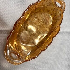 Indiana Glass Marigold Carnival Glass oval dish, Lily Pons pattern